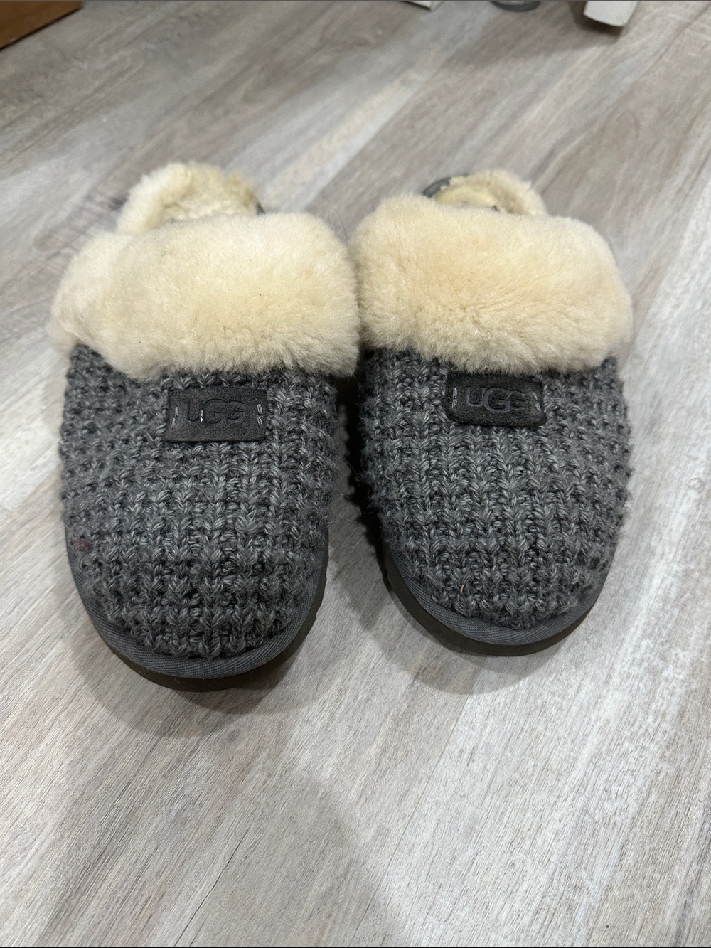UGG Kids Gray Knit Slippers with Cream Shearling Cuff